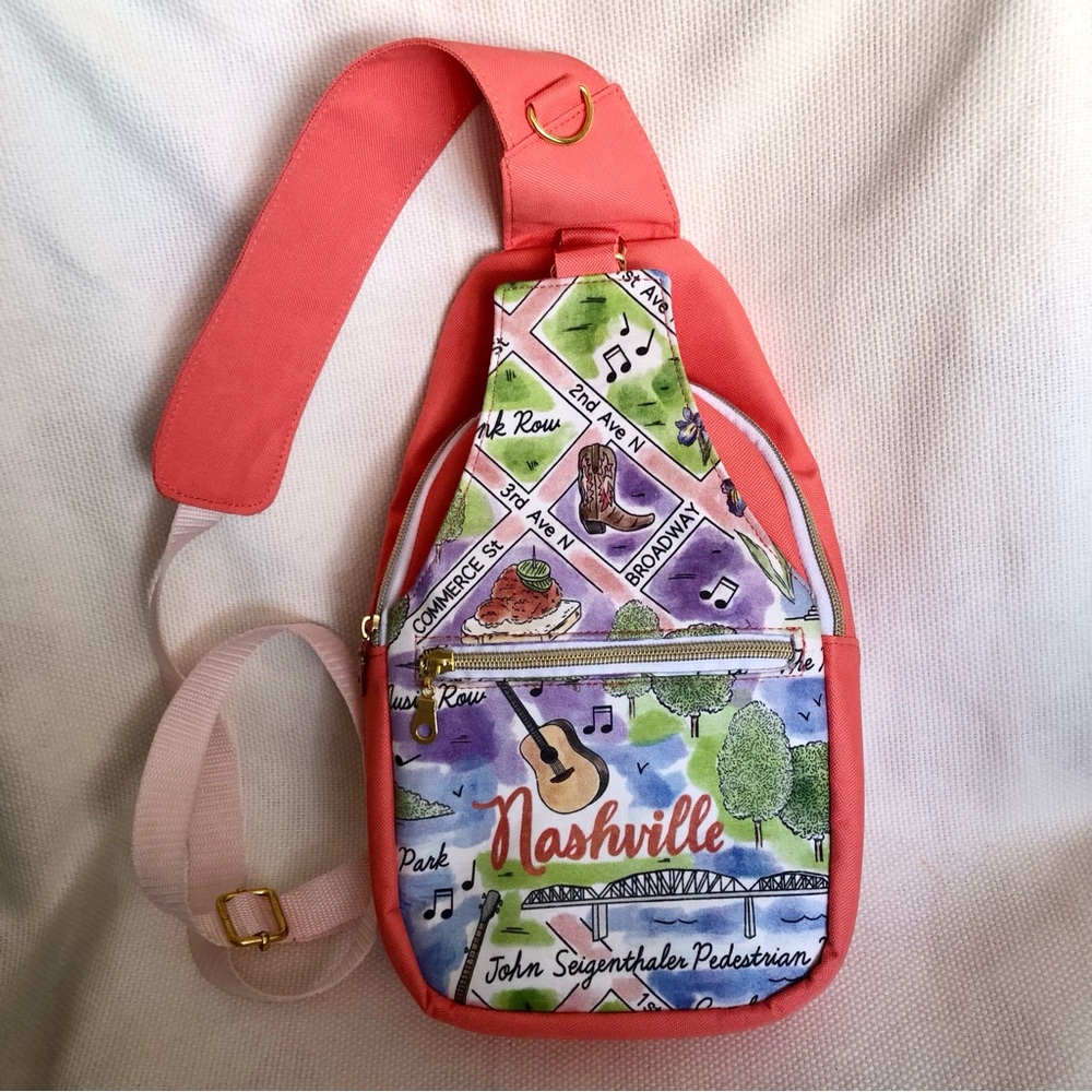 Nashville Music Crossbody Slingback Bag Coral blue purple canvas scenes
